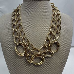 Chunky Link Gold Tone Double Strand Toggle Necklace Statement 18” Flaw